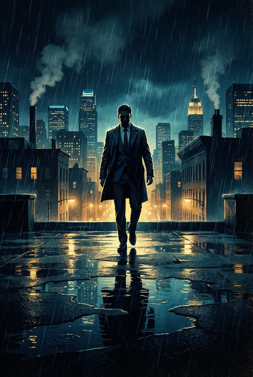 转生成蜘蛛又怎样19 出品影片《雨夜独行者》海报，雨中城市屋顶男性剪影